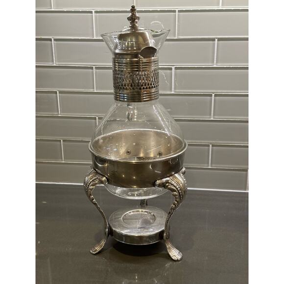 FB Rogers Glass Tea Coffee Pot Corning Carafe with Lid and Metal Warming Stand - Picture 2 of 8